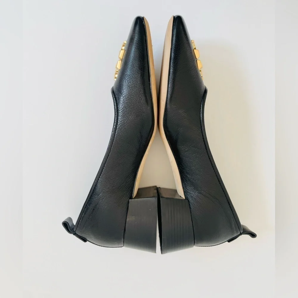 Tory Burch Black Leather Eleanor Logo Plaque square toe pumps 10.5