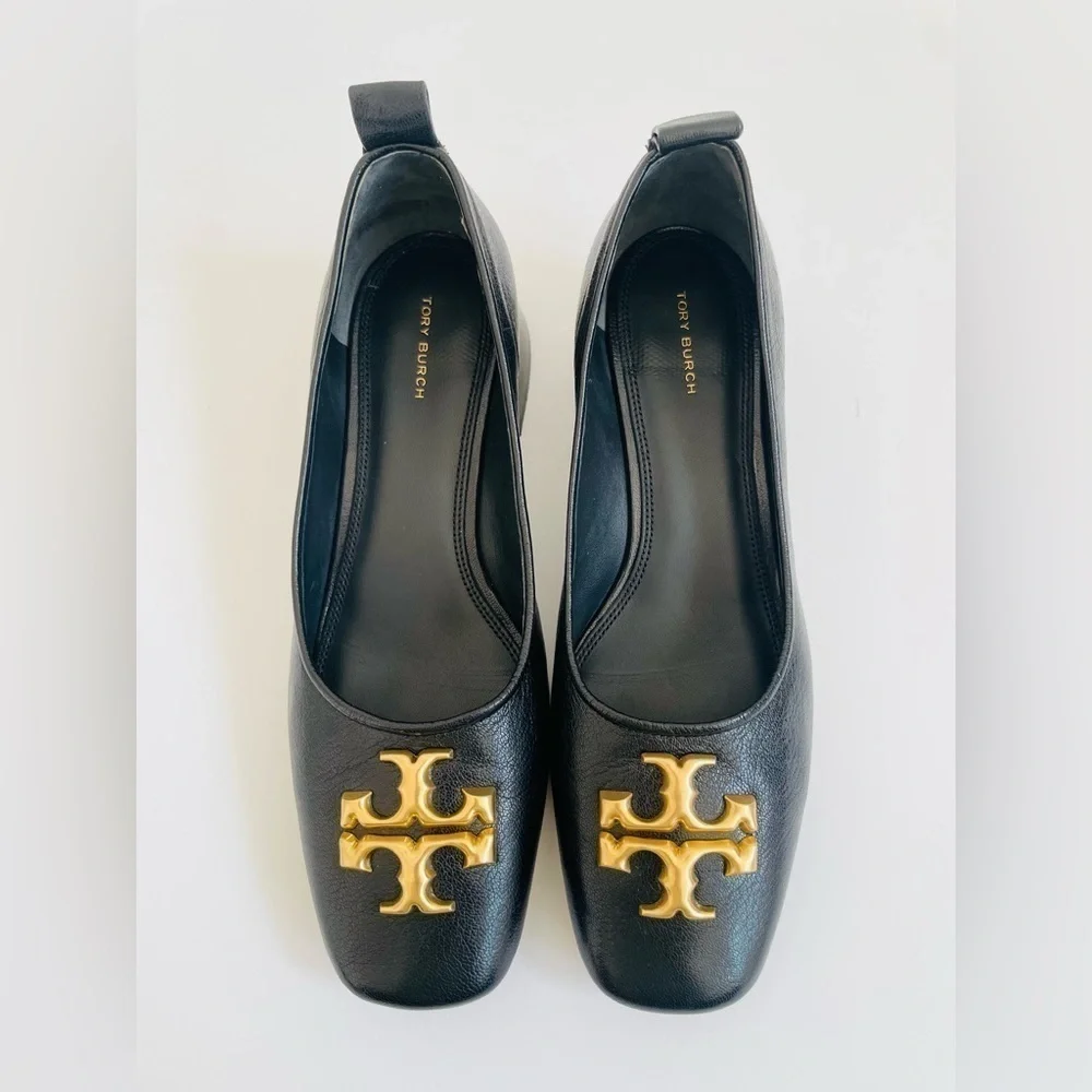 Tory Burch Black Leather Eleanor Logo Plaque square toe pumps 10.5