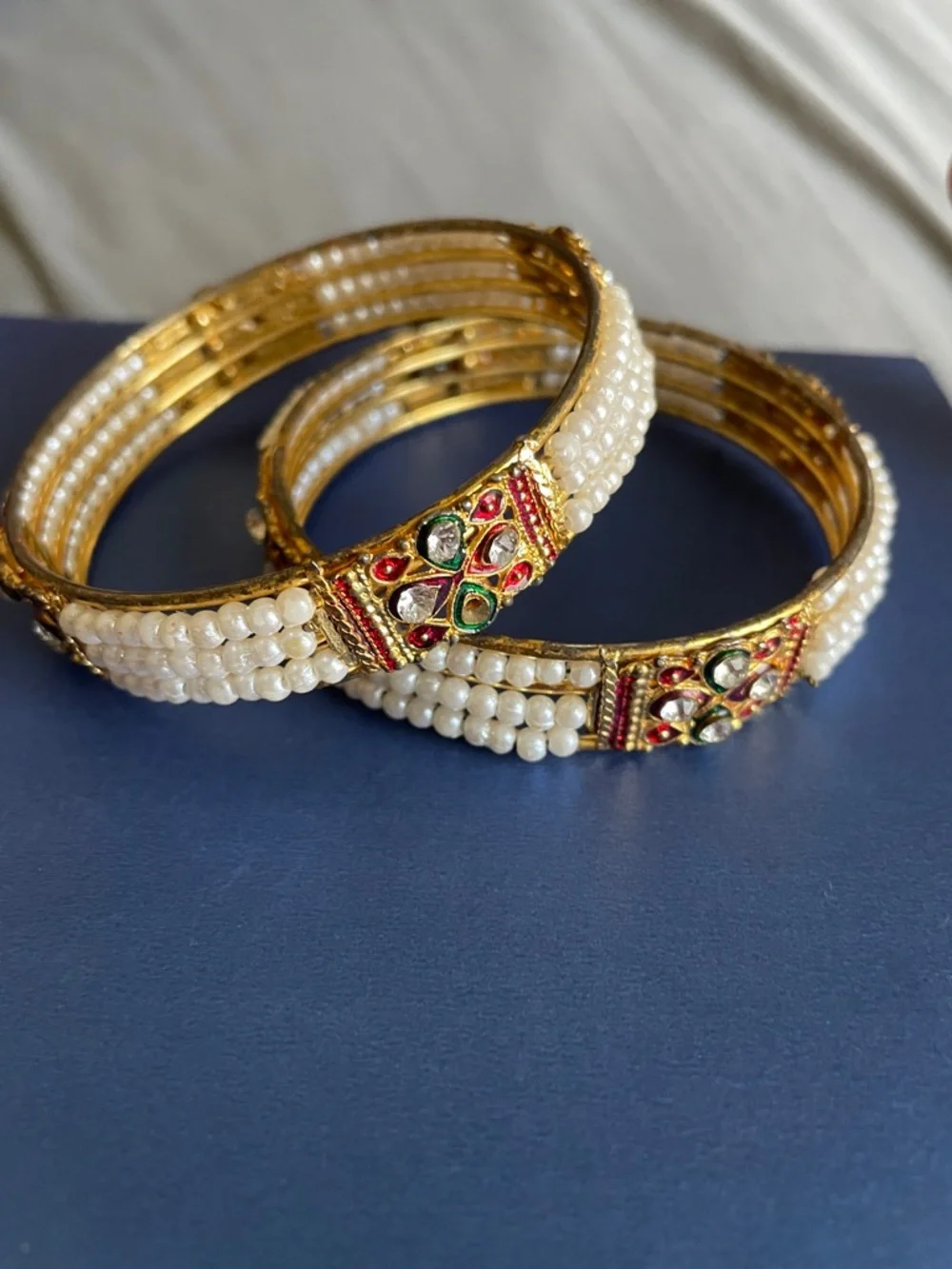Pearl and Kundan Gold-Plated Bangle Set - White