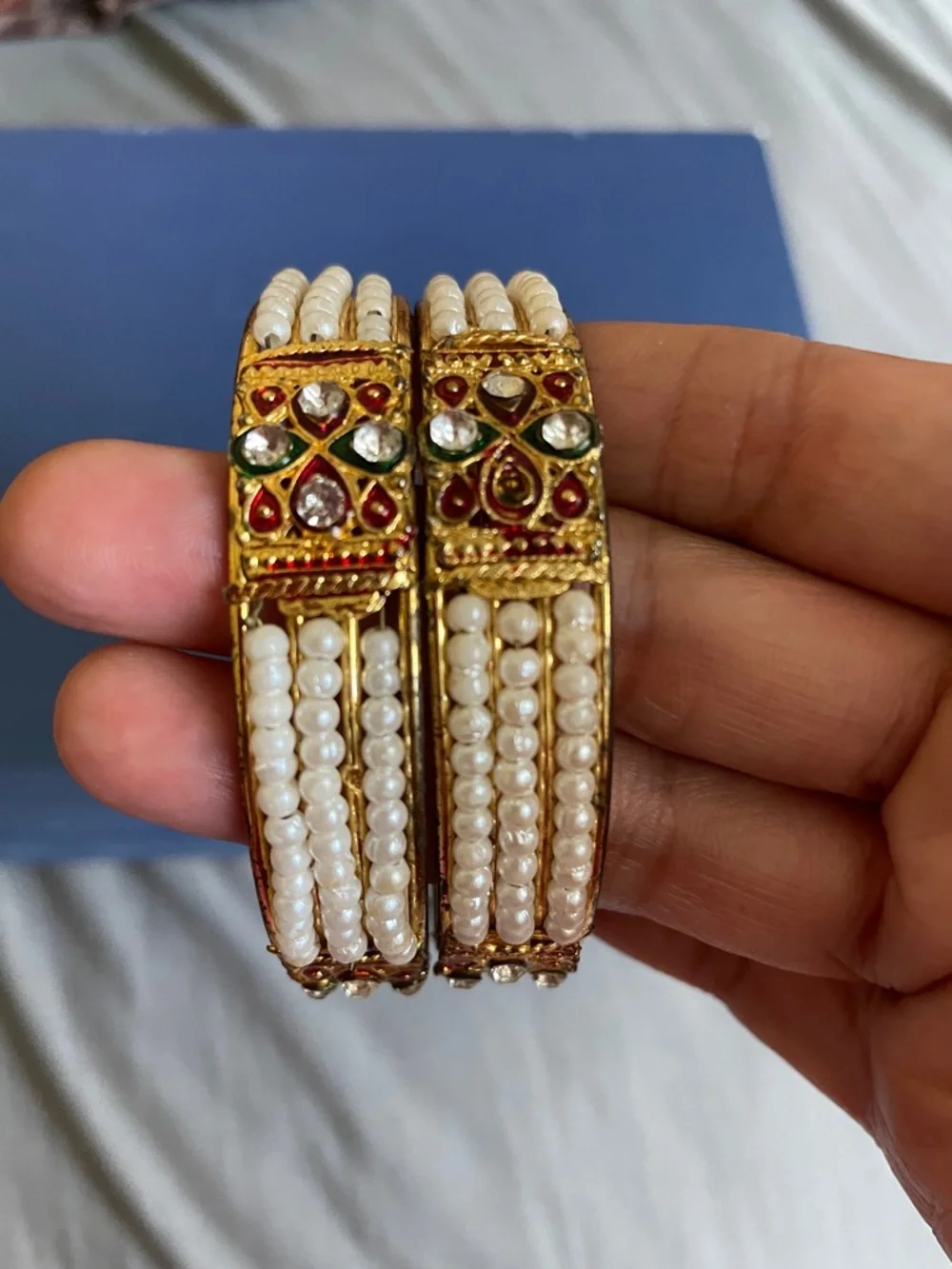 Pearl and Kundan Gold-Plated Bangle Set - White