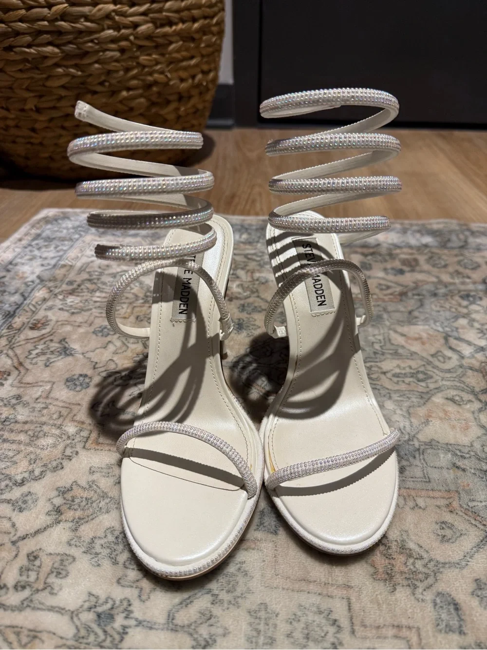 Steve Madden Iridescent White Spiral Wrap Stiletto Sandals