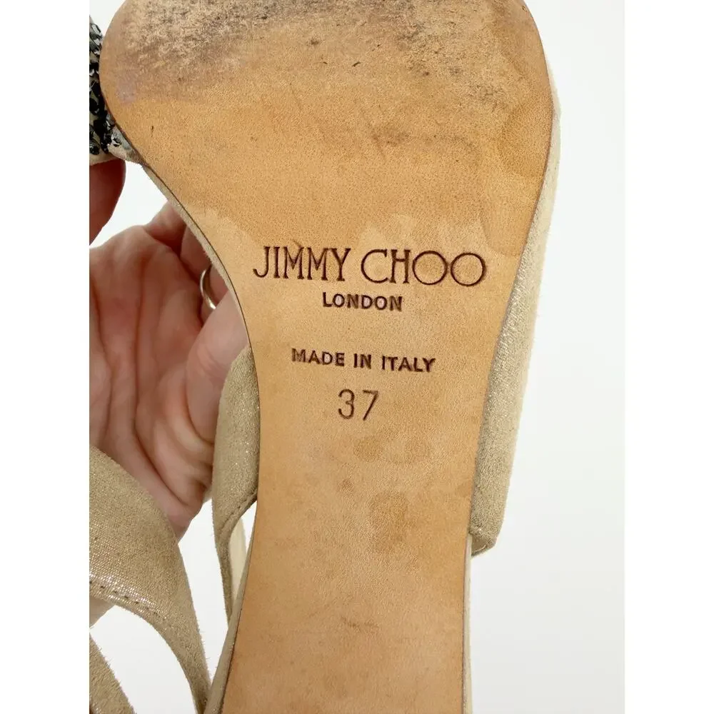 Jimmy Choo Desai Shimmer Beige Crystal Pointed Toe Slingback Pump Heels 37