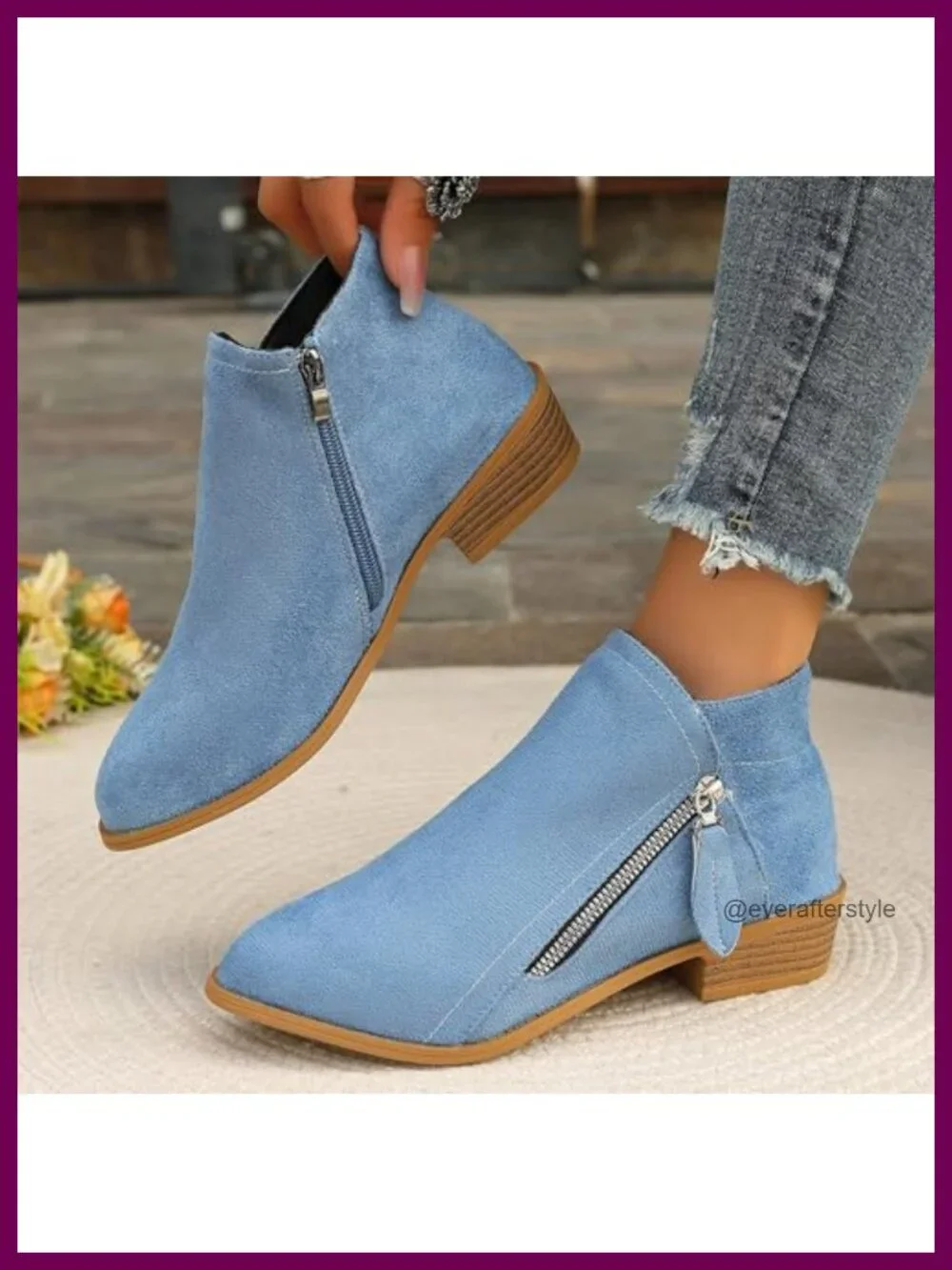 Faux Suede Chunky Heel Ankle Boots with Side Zipper Pointed Toe Retro Low Block
