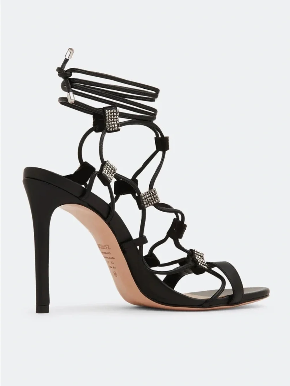 SCHUTZ Black Rhinestone Lace-Up Stiletto Sandals