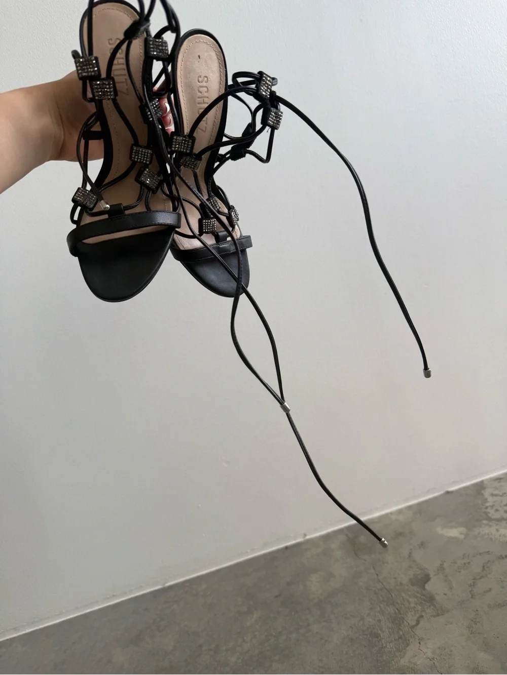 SCHUTZ Black Rhinestone Lace-Up Stiletto Sandals