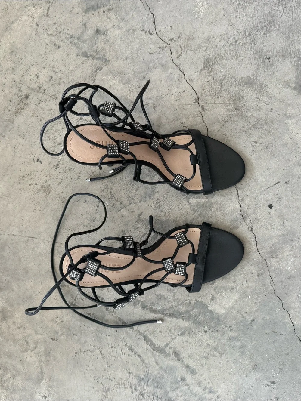 SCHUTZ Black Rhinestone Lace-Up Stiletto Sandals