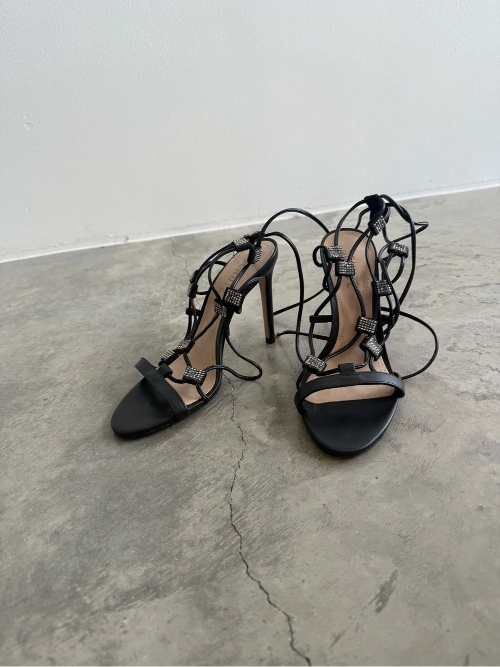 SCHUTZ Black Rhinestone Lace-Up Stiletto Sandals