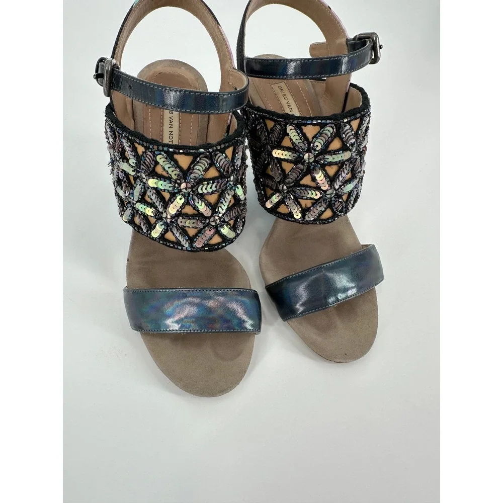 Dries Van Noten SS11 Sequin Embellished Iridescent Block Heel Sandals 36 / US 6