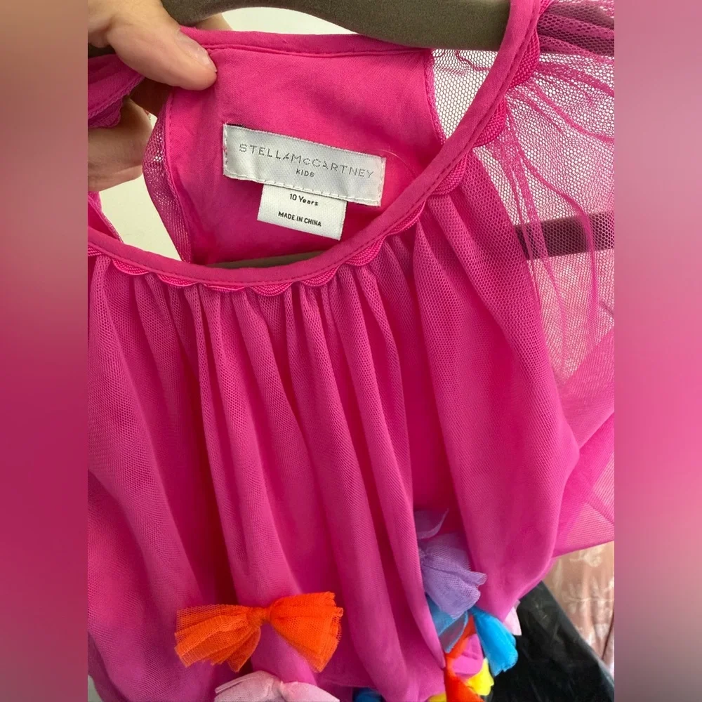 Stella McCartney Kids Hot Pink Mesh Dress with Multicolor Bow Accents
