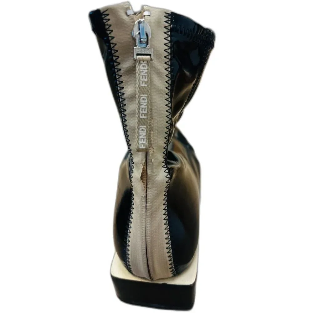 FENDI Fframe Patent Leather Neoprene Glossy Black Square Toe Ankle Boots Sz 10.5