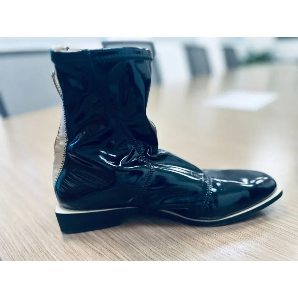 FENDI Fframe Patent Leather Neoprene Glossy Black Square Toe Ankle Boots Sz 10.5