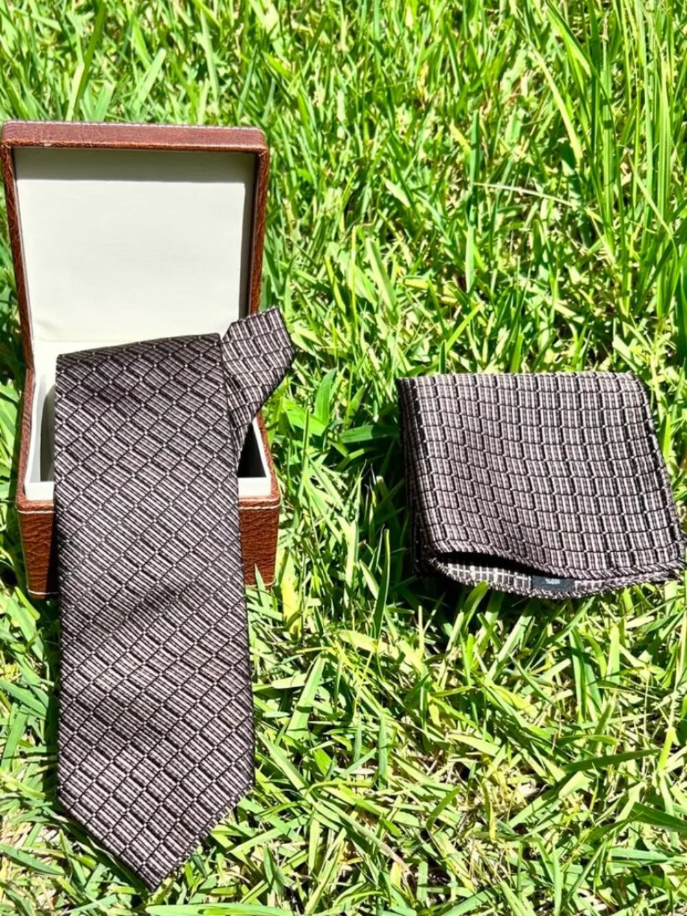 Mario Laube Men’s 100%Silk Tie & Pocket Square Set Made in Italy Brown New
