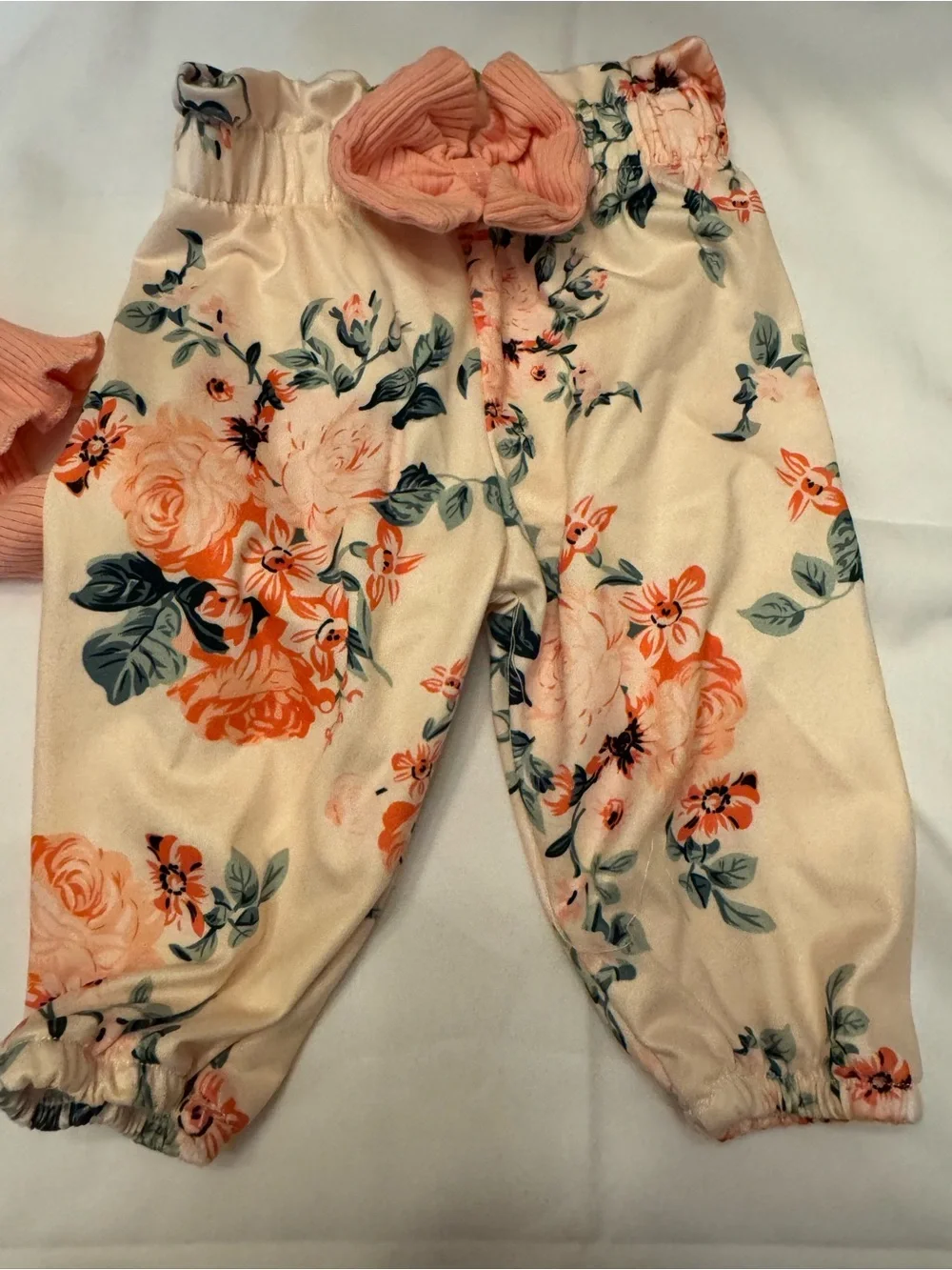 Pink Ribbed Baby Onesie and Floral Pants Set