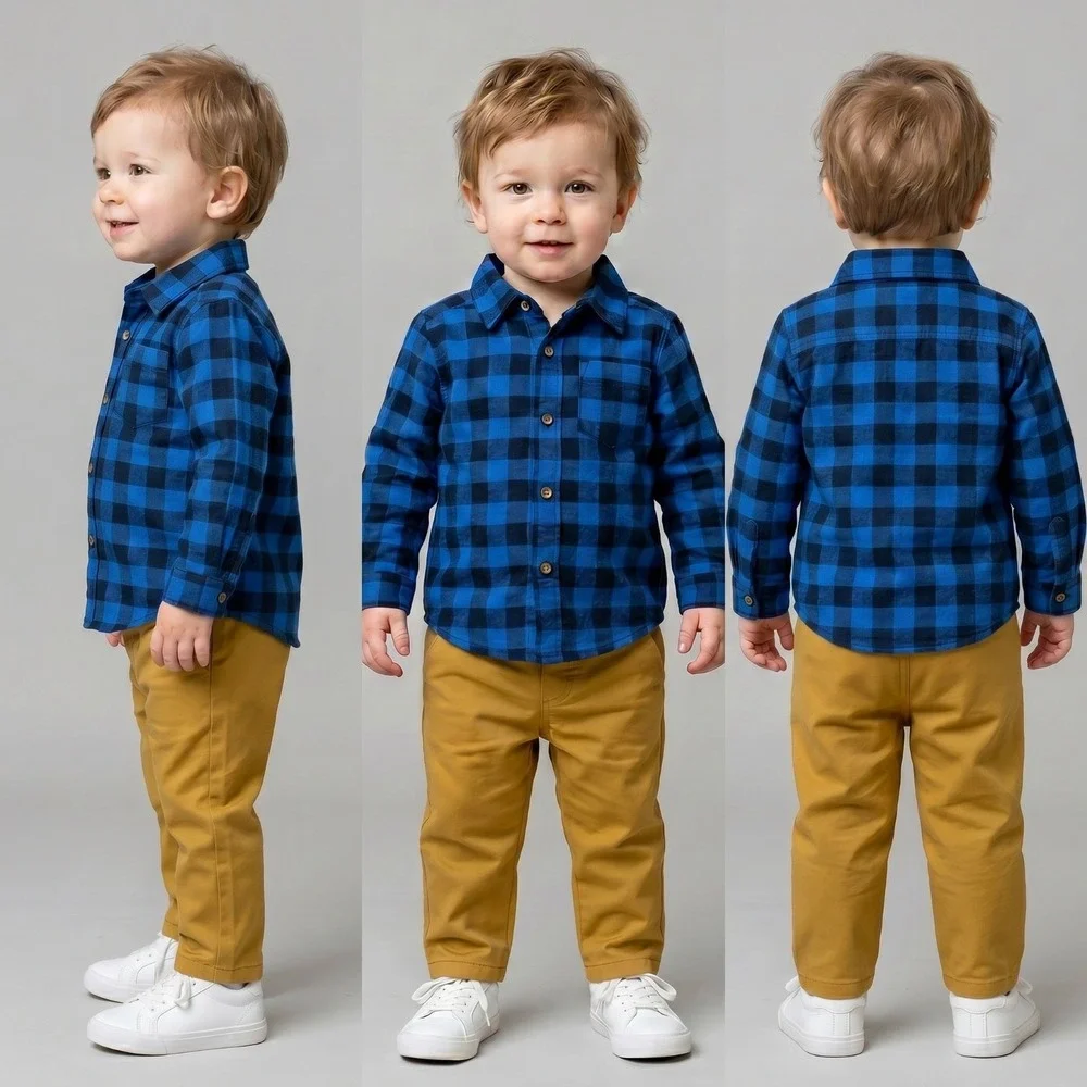 Carters Baby Boys Brown Pants & Long Sleeve Plaid Blue Shirt Outfit Set 24Months