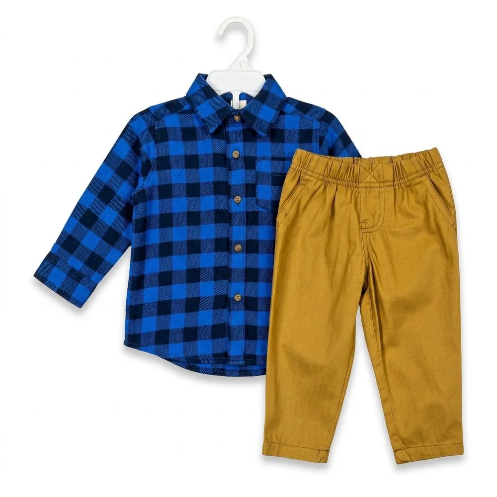Carters Baby Boys Brown Pants & Long Sleeve Plaid Blue Shirt Outfit Set 24Months