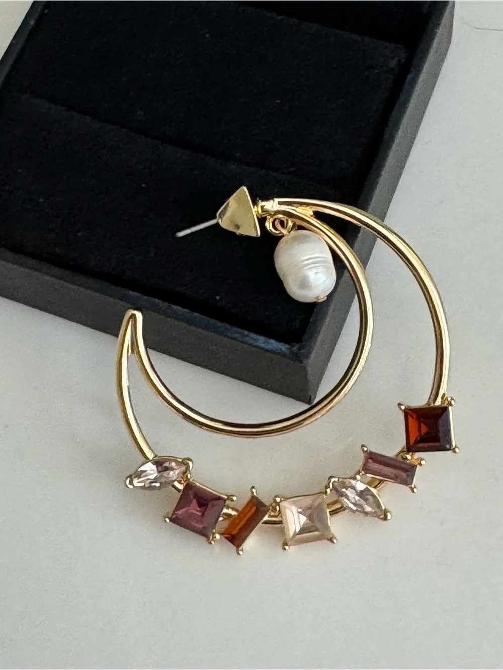 Gold Hoop Earrings with Pink and Amber Gem Accents and Pearl Drop
