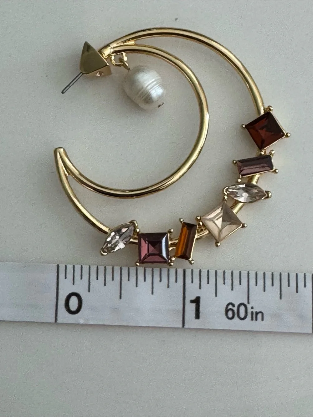 Gold Hoop Earrings with Pink and Amber Gem Accents and Pearl Drop