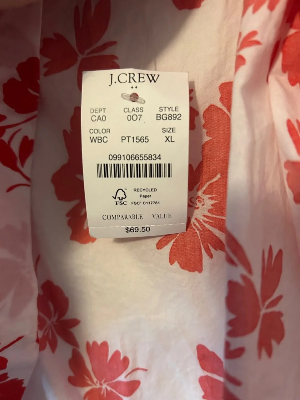 J. Crew White Tank Top with Red Floral Print, Ruffle straps, Size XL