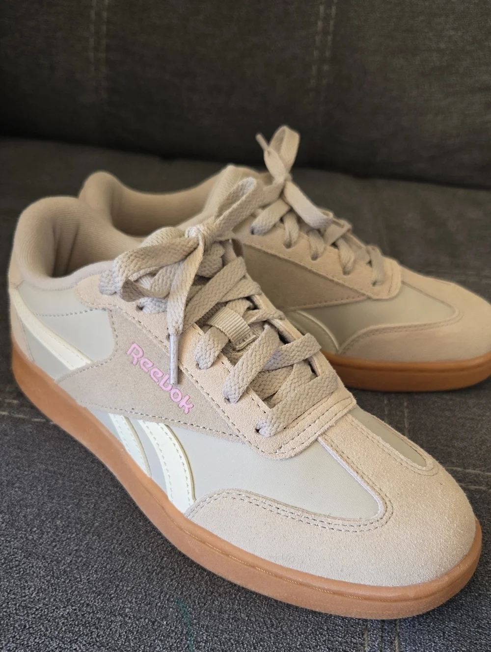 Reebok Gray Sneakers with Gum Sole and Pink Logo