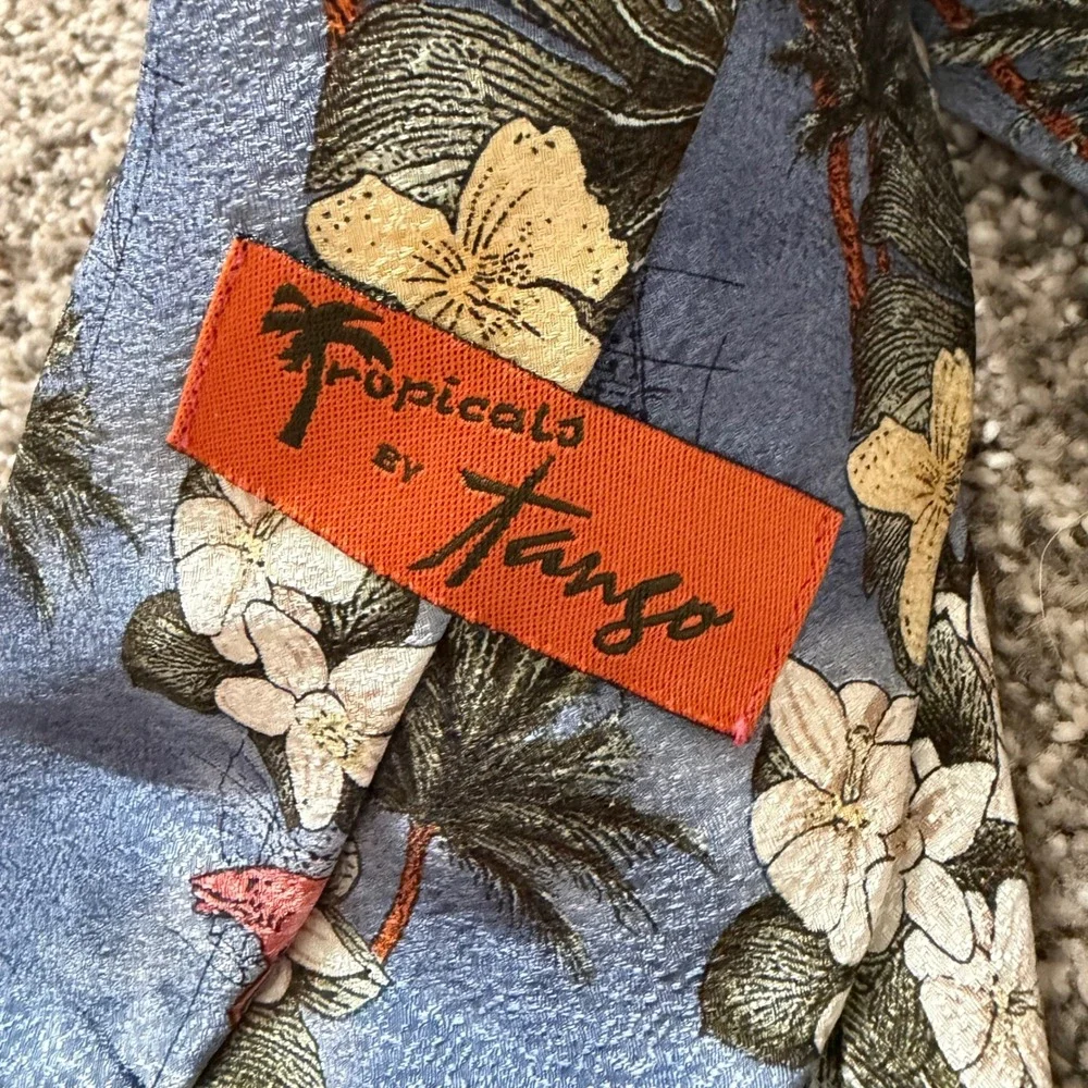 Tropicals by Tango Mens Silk Tie Blue Flamingo Palm Tree Tropical Floral Print