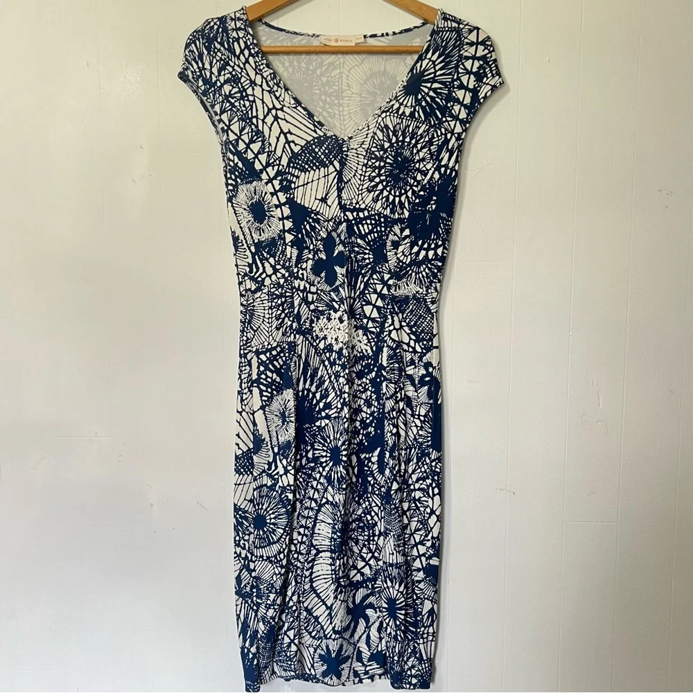 Tory Burch Baltic Sea Dream Catcher V-Neck Cap Sleeve Midi Dress Size XS