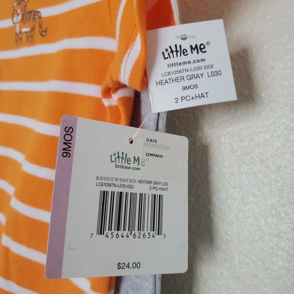 Little Me Tiger Striped Orange Bodysuit Gray Pants + Hat 9 Months Baby Boy