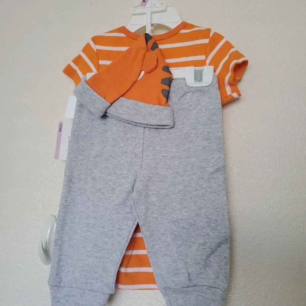 Little Me Tiger Striped Orange Bodysuit Gray Pants + Hat 9 Months Baby Boy