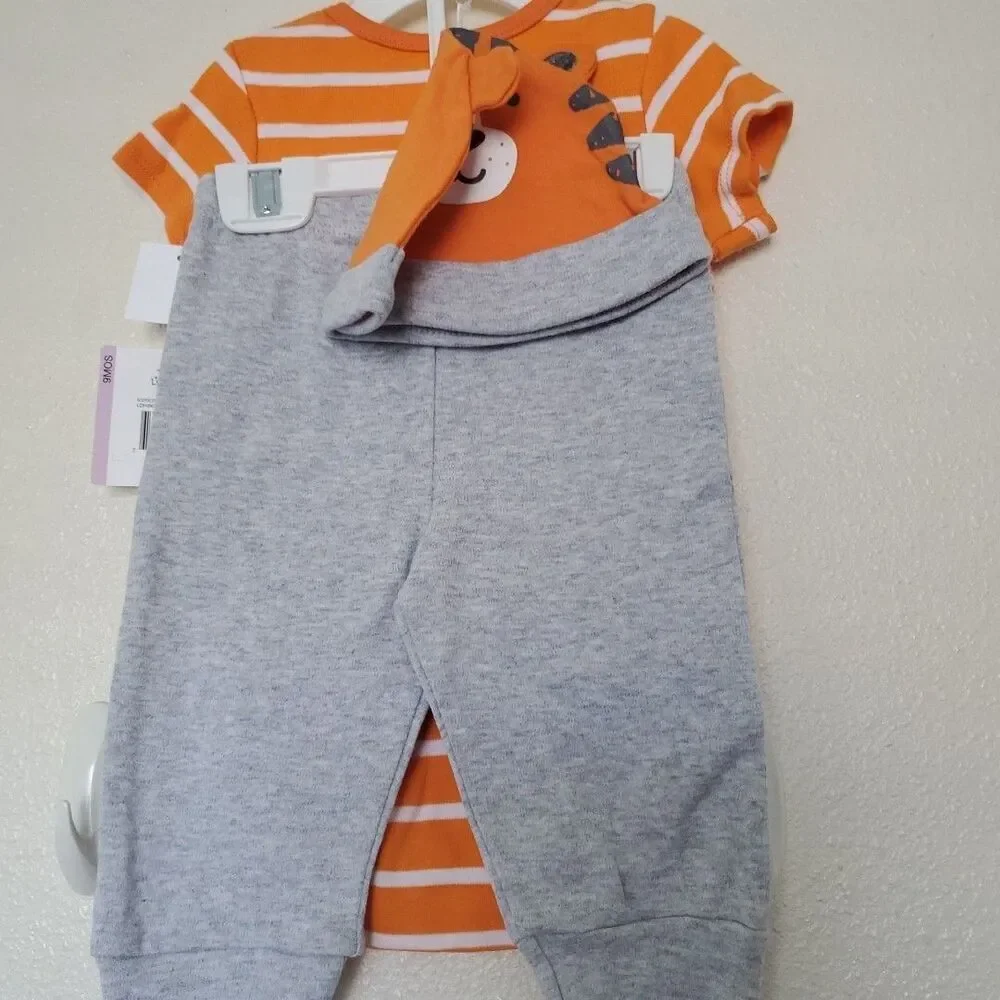 Little Me Tiger Striped Orange Bodysuit Gray Pants + Hat 9 Months Baby Boy