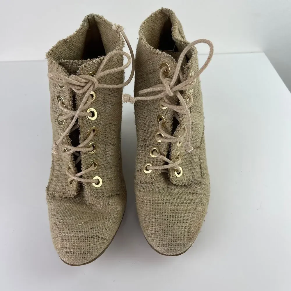 Stuart Weitzman Raffia Wood Heel Lace Up Wedge Heel Ankle Booties Size 8