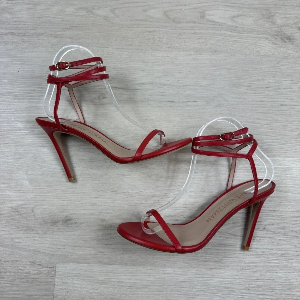 Stuart Weitzman Ellsie 100 Wrap Stiletto Heel Size 8.5 Red Square Toe $575