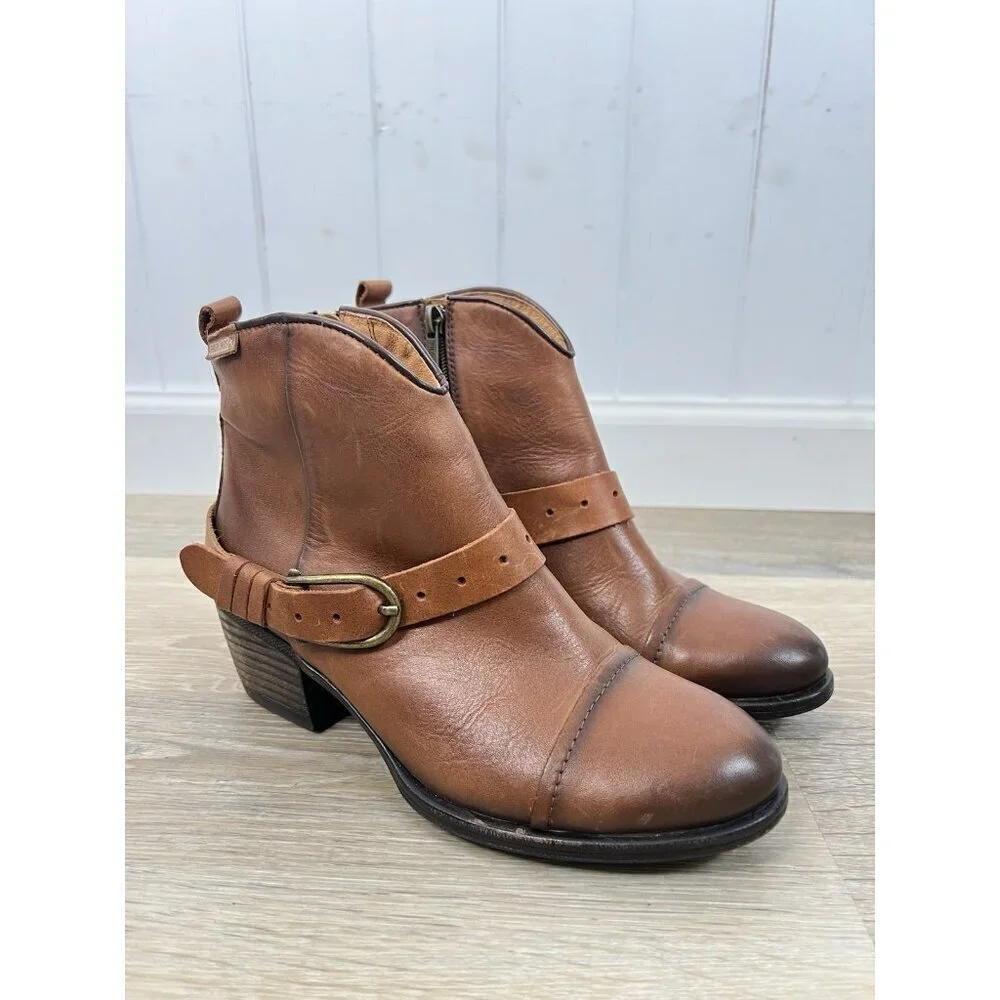 Pikolinos Balta Boots Womens 38 Brown Leather Zip Western Buckle Ankle 7.5-8