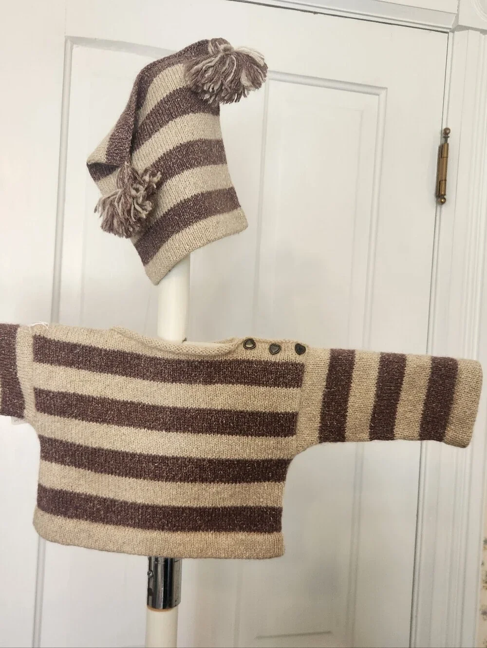 100% American Cashmere Grape Striped Baby Sweater + Square Pom Pom Hat Sz 3-6 Mo
