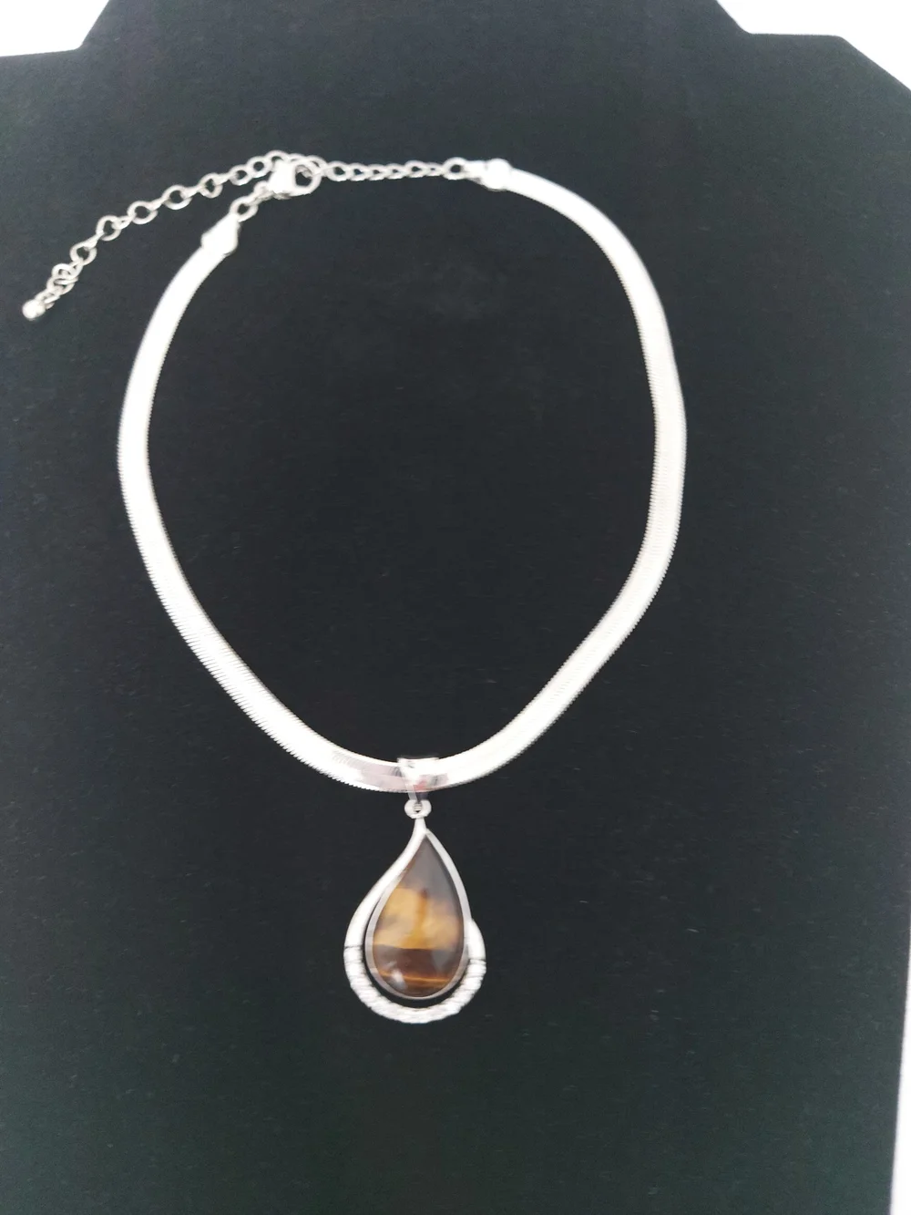 Tiger Eye Crystals Teardrop Pendant Necklace Silver Tone  Statement Necklace