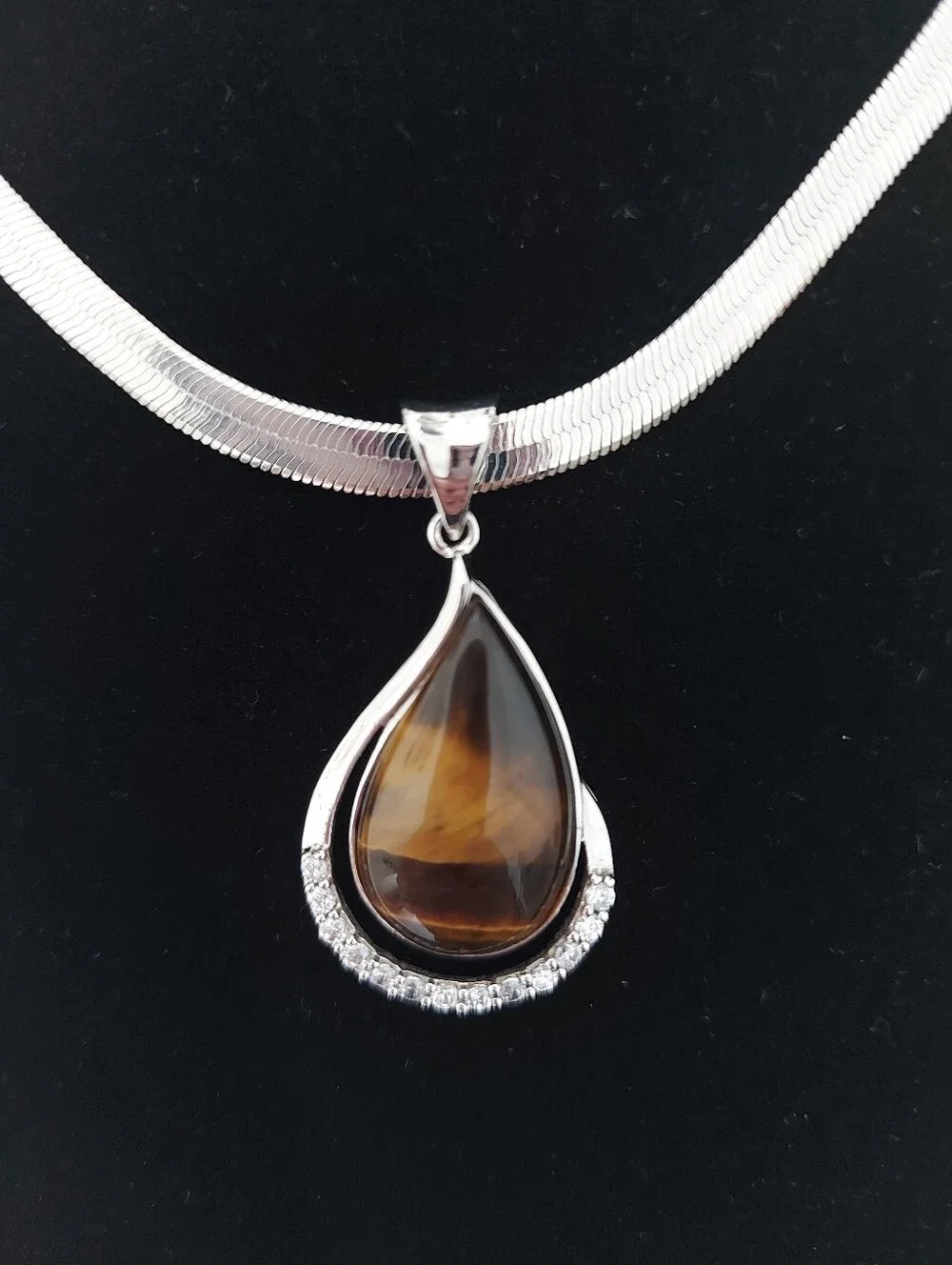 Tiger Eye Crystals Teardrop Pendant Necklace Silver Tone  Statement Necklace