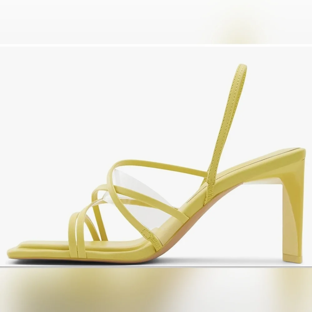 Aldo Yellow Strappy Square Toe Triangle Heels Womens Size US7 / EUR 37.5