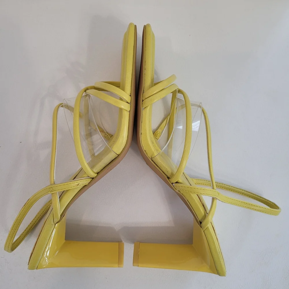 Aldo Yellow Strappy Square Toe Triangle Heels Womens Size US7 / EUR 37.5