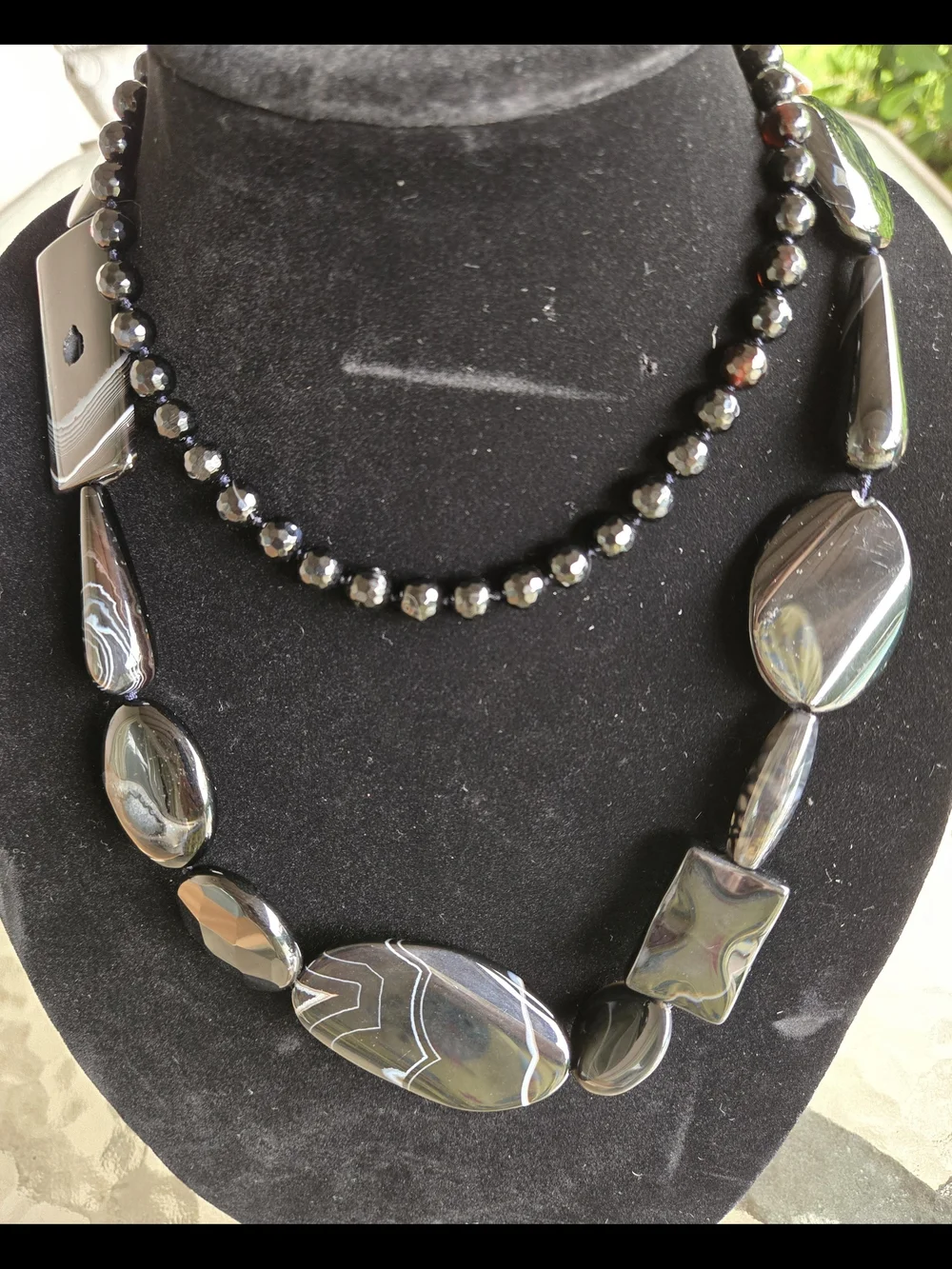 Natural Black Banded Agate Long Statement Necklace Mixed-Shape Beads Inclusions