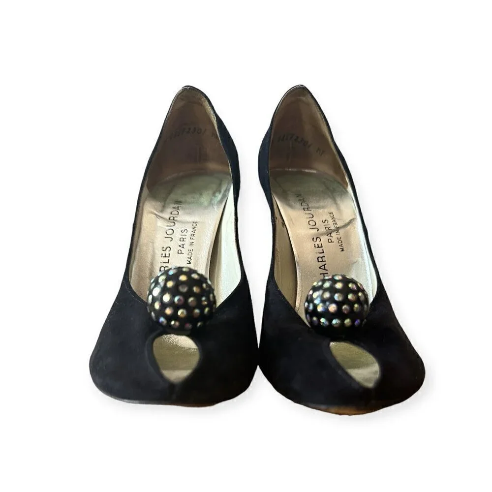 Vintage Charles Jourdan‎ Black Suede Heel with Rhinestone Ball. Size 7 2A