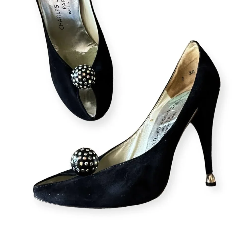 Vintage Charles Jourdan‎ Black Suede Heel with Rhinestone Ball. Size 7 2A