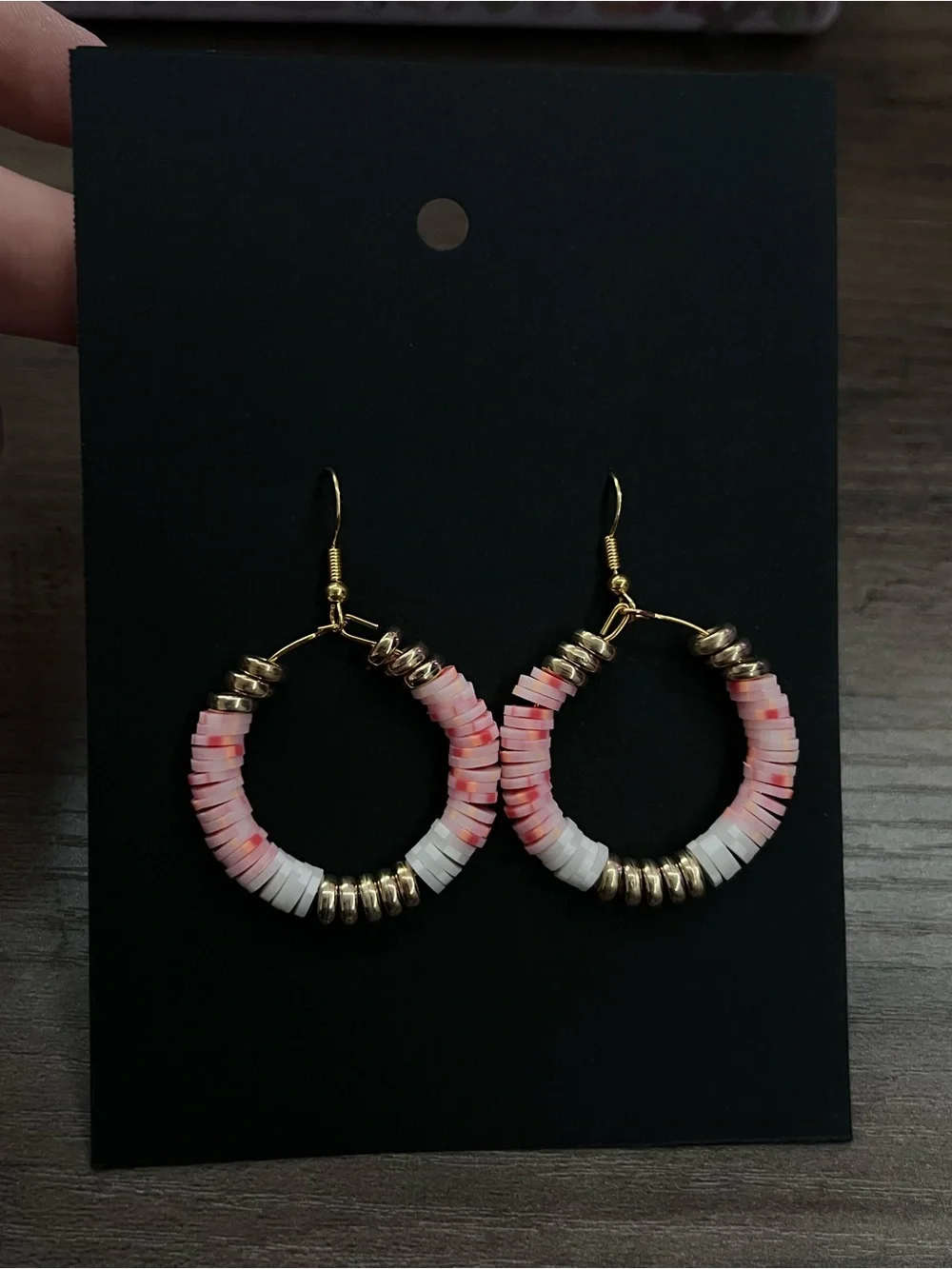 Handmade Pink & White Beaded Hoop Earrings | Lightweight Gold Tone Earrings