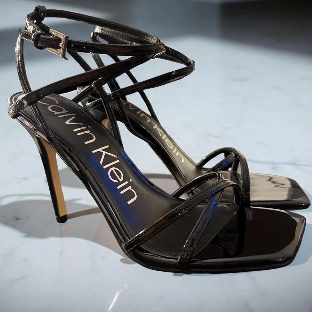 NEW Calvin Klein Women’s Stiletto Heeled Square Open Toe Sandal Black Size 8.5 M