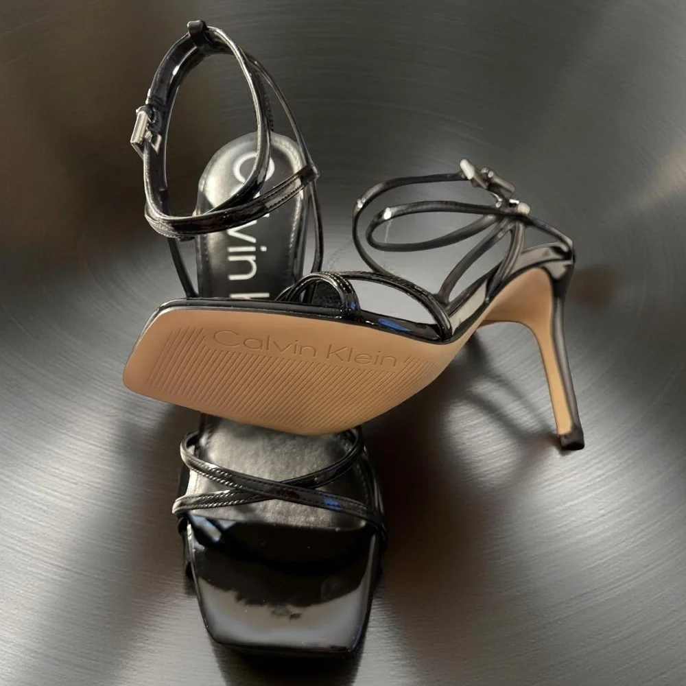 NEW Calvin Klein Women’s Stiletto Heeled Square Open Toe Sandal Black Size 8.5 M