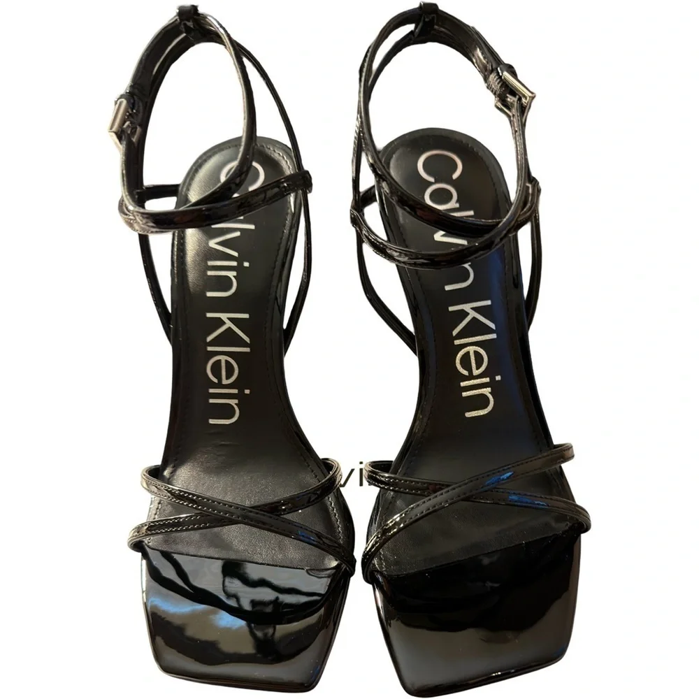 NEW Calvin Klein Women’s Stiletto Heeled Square Open Toe Sandal Black Size 8.5 M