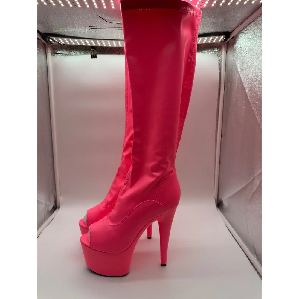 Ellie Neon Pink Peep Toe Platform Boots Knee High Stiletto Heel 11