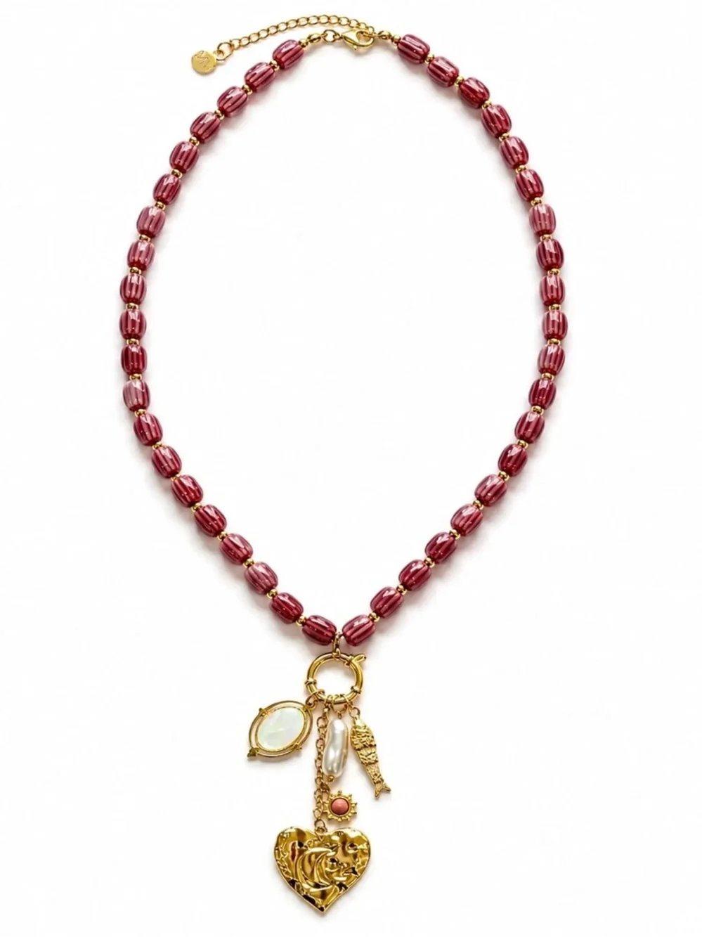 New mayamar Gold Charm Heart and genuine pearl Necklace with Burgundy Beads