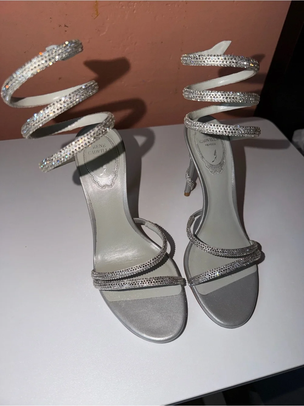 Rene Caovilla Women's Silver Margot Embellished Sandals Size 37