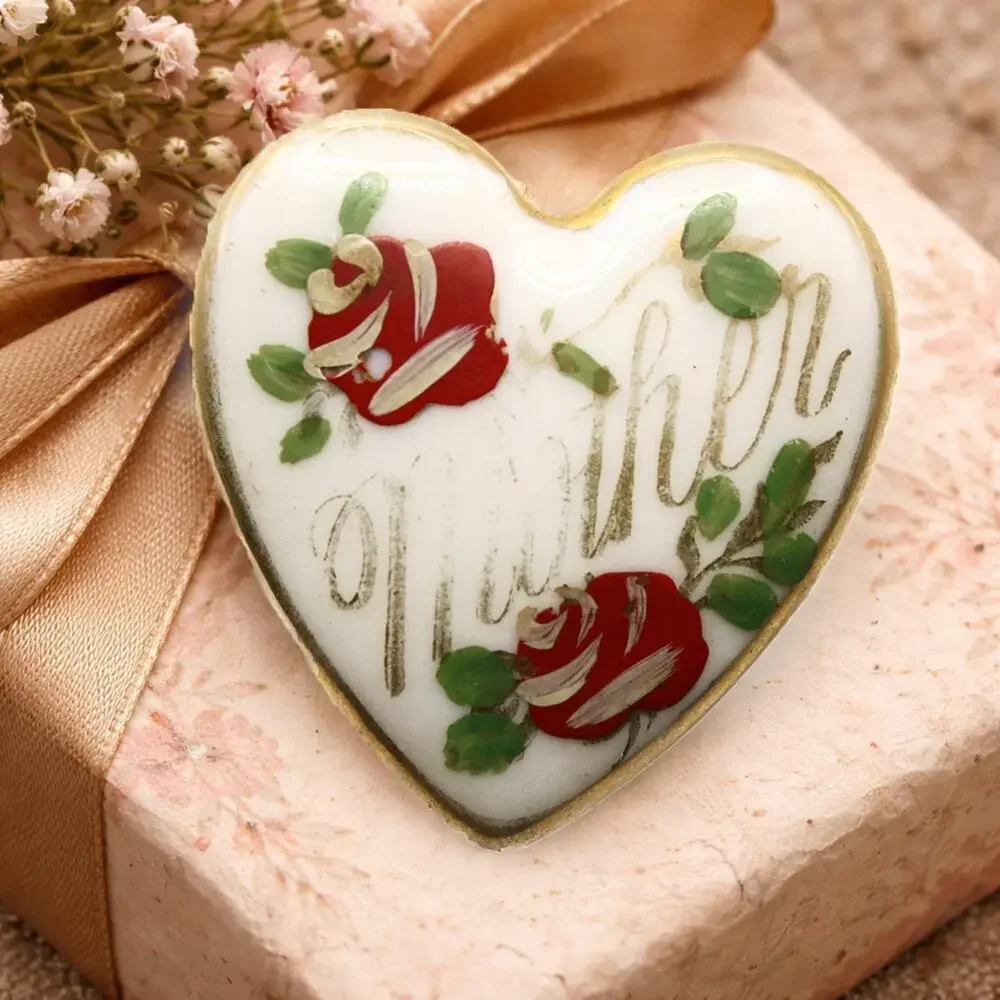Vintage Mother Heart Brooch Pin White Enamel w Hand Painted Red Roses - Hey Viv
