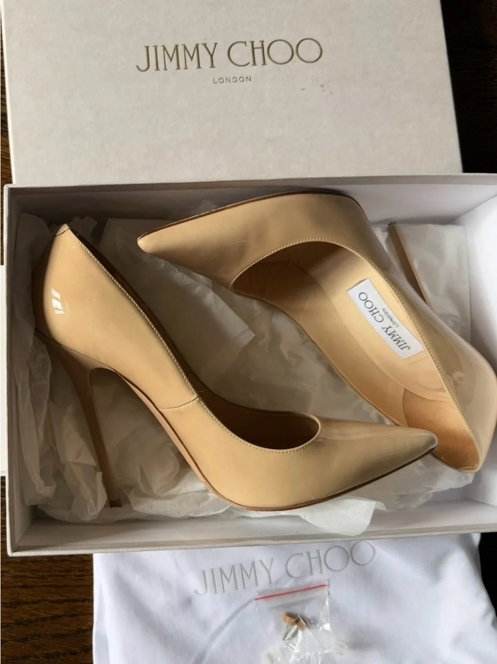 Jimmy choo anouk 37.5 nude patent 120mm pump