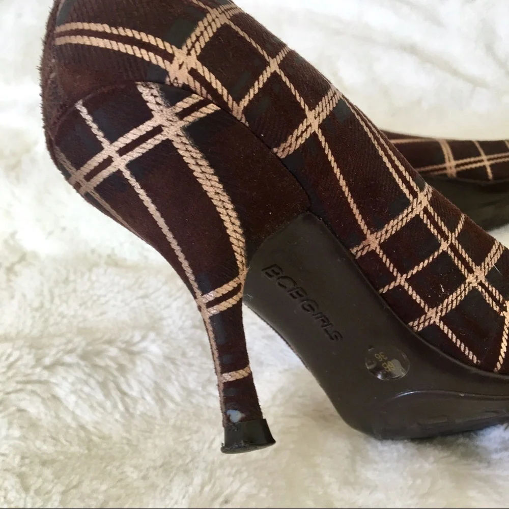 BCBGirls Plaid Brown Suede Heels