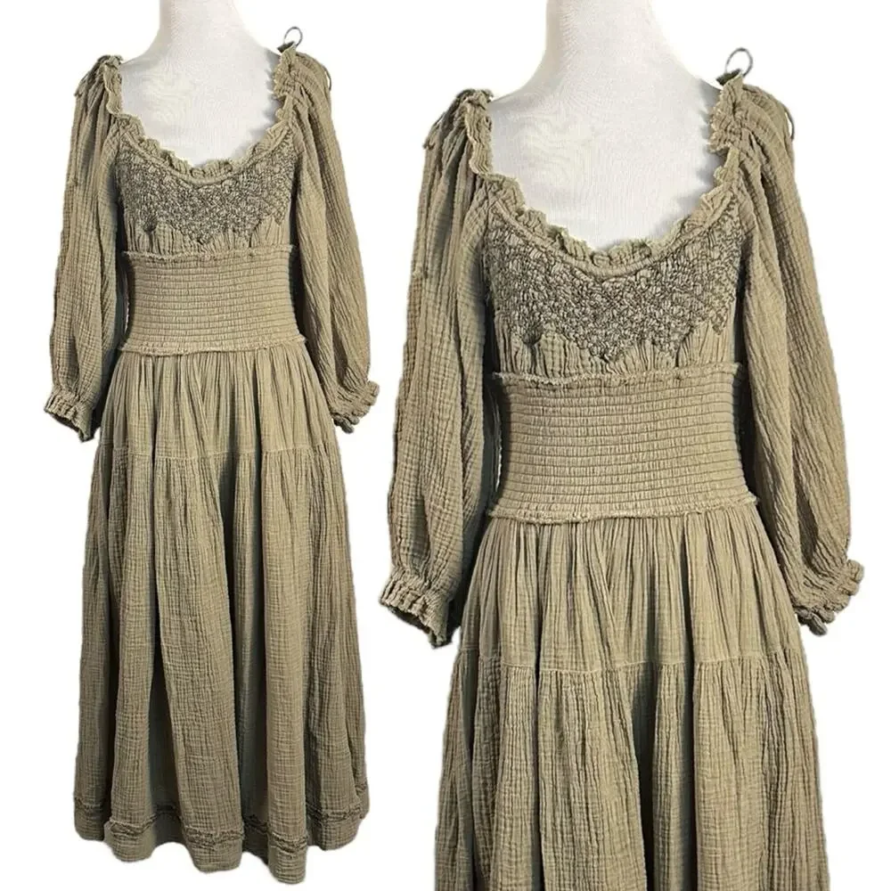 Free People Large Bohemian Witchy Gypsy Midi Maxi Gauze Dress Olive Renaissance